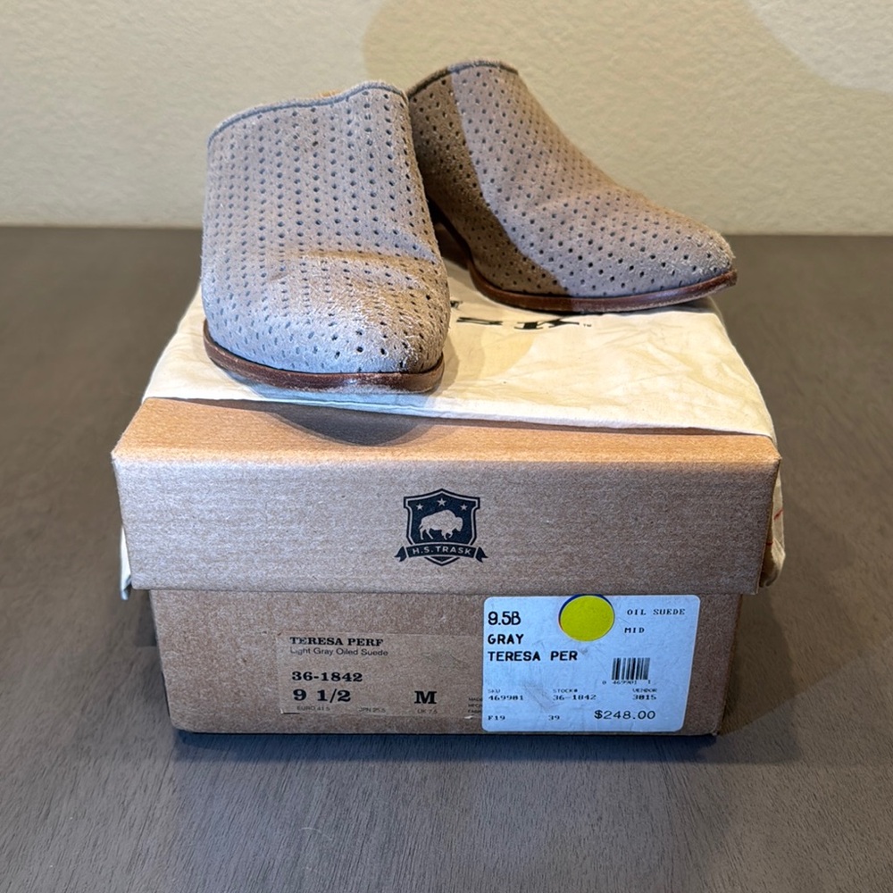 Trask Teresa Perf Light Gray Suede Mules